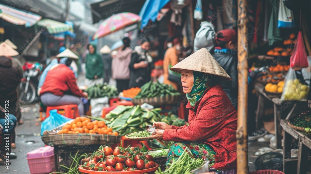 Obraz premium A female street vendor in Vietnam, wearing a conical hat, sitting amidst her fresh produce in a bustling market