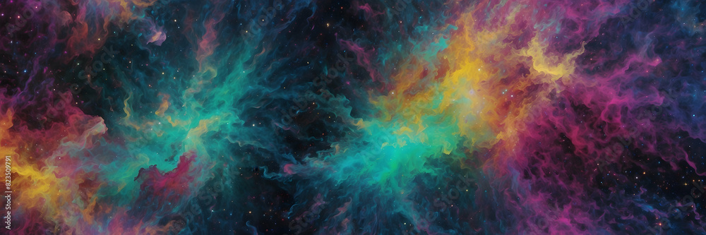 A mesmerizing digital art piece showcasing a vibrant space nebula with a cosmic color palette