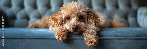 Within elegant confines of luxury penthouse apartment pampered poodle named Coco reclines plush velvet chaise lounge her perfectly coiffed fur refined demeanor testament her status a beloved companion photo