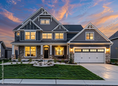 beautiful two story luxury home with grey shingle, white trim and stone accents at dusk