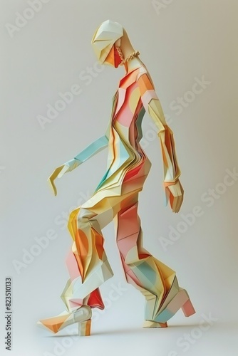 An abstract representation of a human figure with geometric shapes in a pastel color palette