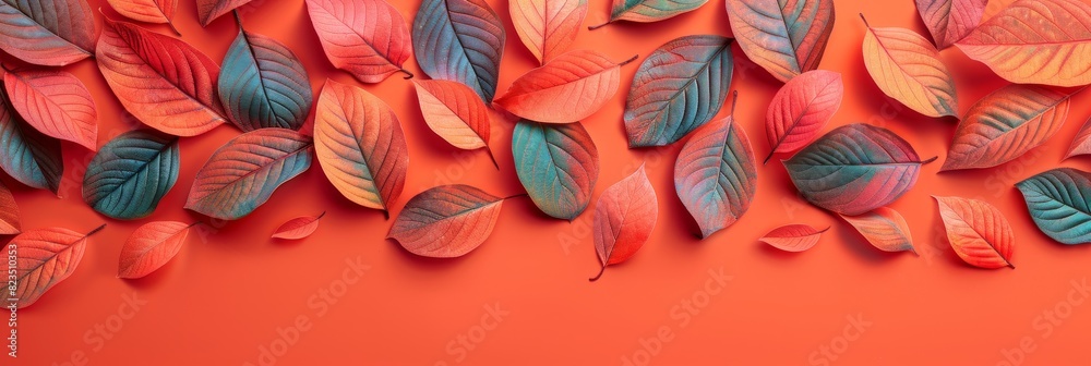 Autumn foliage on vibrant orange background, top view with generous room for text insertion