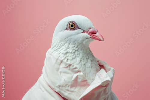 Dapper White Pigeon in a Stylish Outfit Against a Pink Background © smth.design