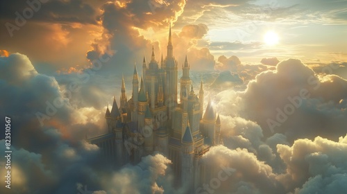 Majestic fantasy castle among clouds at sunrise with glowing sky.