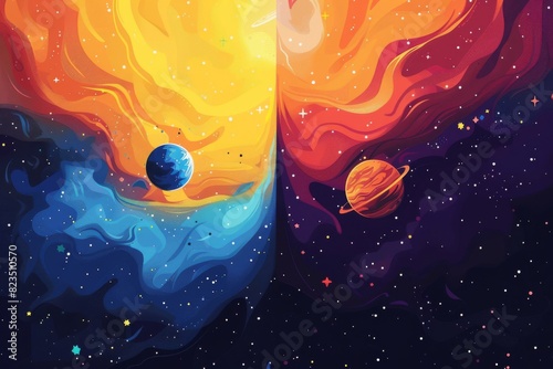 The image is an abstract painting of two planets, one blue and one orange, floating in a sea of stars