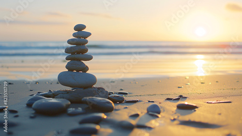 Stacked Zen Stones on Beach at Sunset