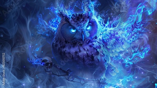 an owl with blue eyes and purple feathers