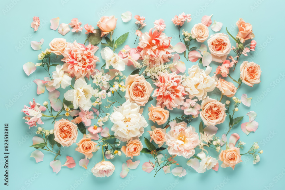 Pastel Floral Arrangement with Peach Roses and White Peonies on Light Blue Background