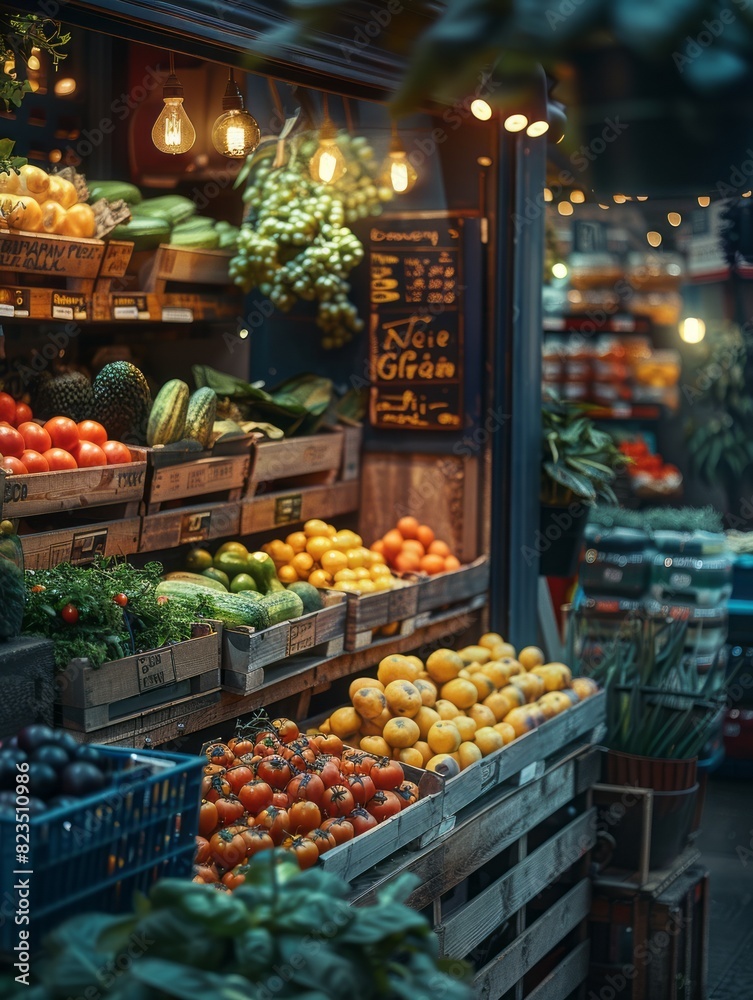Organic Market Interior with Defocused Blurred Background