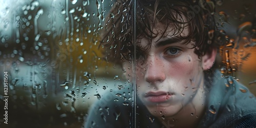 A melancholic young man gazes through a rainstreaked window lost in thoughts. Concept Portrait Photography, Indoor Photoshoot, Emotive Expression, Rainy Day Scene, Contemplation photo