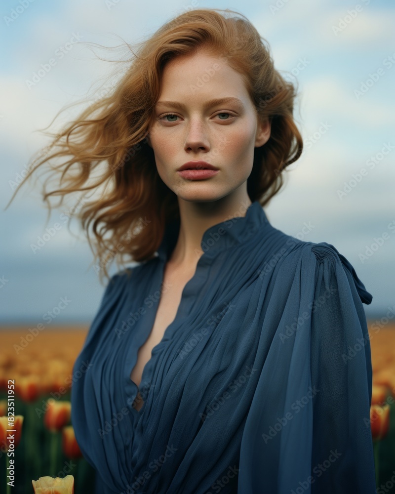 Elegant and serene, a woman in a blue ruffled dress poses in a sea of tulips under a cloudy sky Elegant and serene, a woman in a blue ruffled dress poses in a sea of tulips under a cloudy sky