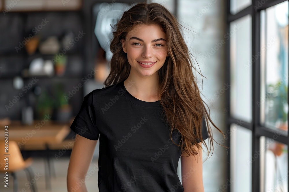 Pretty Young Smiling Woman in Black T-Shirt with long hair Standing indoors, Mockup, Pretty Young Smiling Woman in Black T-Shirt with long hair Standing indoors, Mockup,
