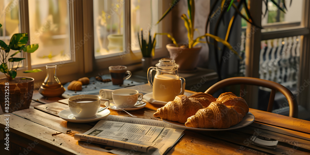 Inviting Morning Serenity, Cozy Breakfast Table Setup with Freshly Brewed Coffee and Buttery Croissants
