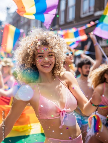 Smiling woman with curly hair enjoying a festive moment with confetti and Pride flags