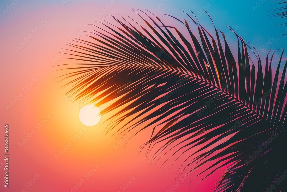 Fototapeta premium Palm tree silhouette against sunset, tropical vibes, warm colors