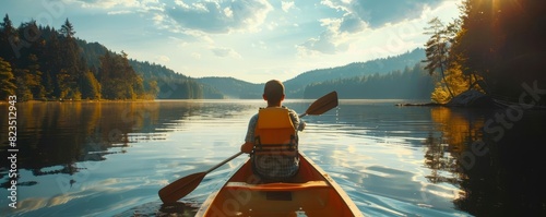 Paddling in a canoe on a lake, tranquil scene, summer adventure photo