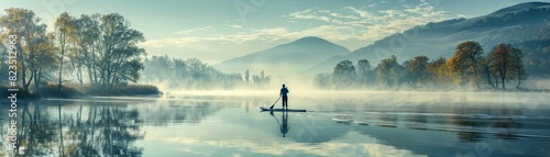 Paddleboarding on a calm lake, peaceful and adventurous photo