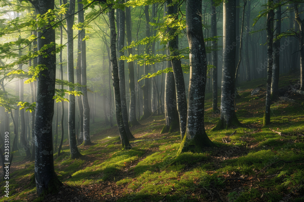 Fototapeta premium Green forest with beech trees, during spring time, with sun light and shadows, in a morning misty atmosphere.