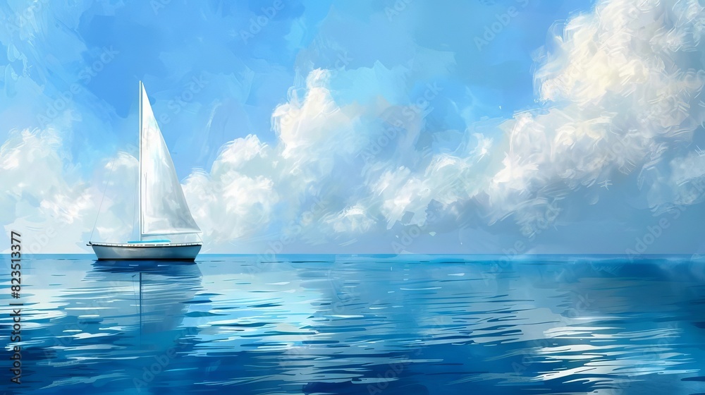 serene sailboat on calm blue sea horizon in the distance digital painting