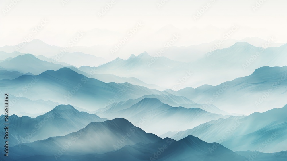 Beautiful abstract painting of misty blue mountains with layered peaks and soft gradients, evoking a sense of tranquility and natural beauty.