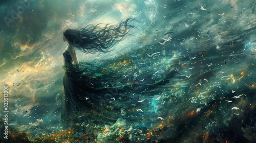 Fantasy illustration of a woman enveloped by a cosmic wind with stars swirling around her.