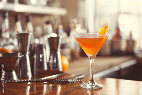Elegant Martini Cocktail in Modern Bar with Orange Garnish on Wooden Counter