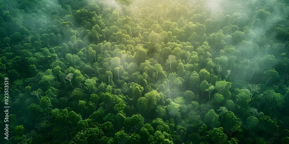 Obraz premium Aerial view of dense forest capturing carbon emissions for environmental sustainability. Concept Environmental Sustainability, Aerial Photography, Carbon Emissions, Dense Forest, Climate Change