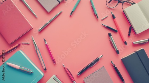 Back to school stationery flat lay with notebooks, pens, and pencils on a pink background