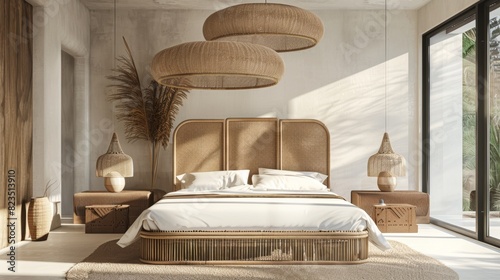 Modern bedroom with natural materials and earth tones, Elegant bedroom interior design featuring sustainable materials and a neutral color palette