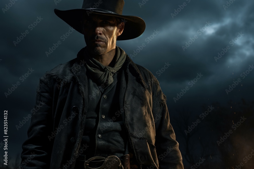 Enigmatic and mysterious cowboy portrait at dusk with dramatic lighting and stormy sky. Reflecting the solitude and toughness of wild west adventure in the evening Enigmatic and mysterious cowboy portrait at dusk with dramatic lighting and stormy sky. Reflecting the solitude and toughness of wild west adventure in the evening