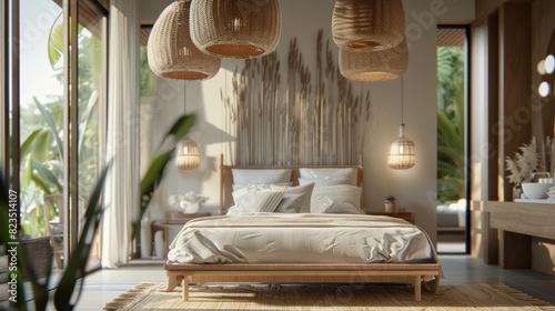 Serene bedroom interior with natural light, Modern bedroom boasts natural lighting and a tranquil ambiance with sustainable materials