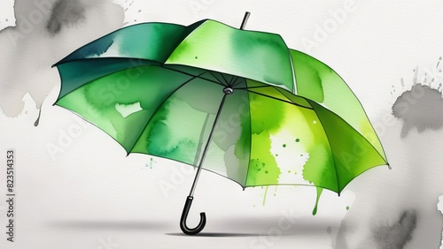Green umbrella in watercolor style on gray background