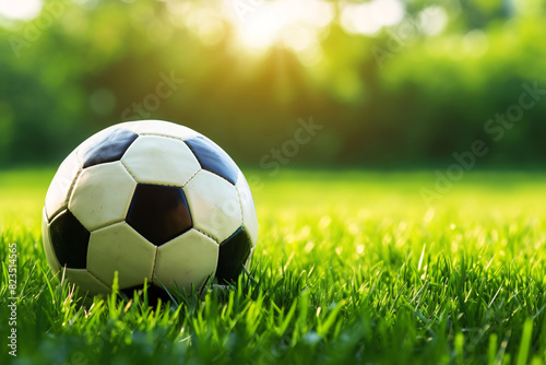 A soccer ball on the grass in a park with sunlight filtering through trees