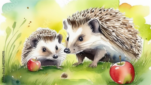 Hedgehogs in watercolor style on green background
