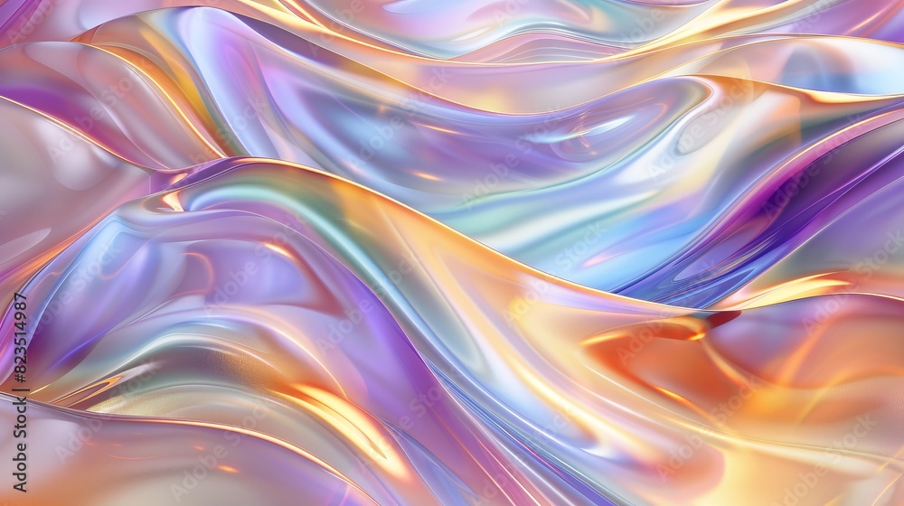 Fototapeta premium Abstract iridescent background featuring flowing, colorful waves with a glossy, metallic appearance in pastel shades.