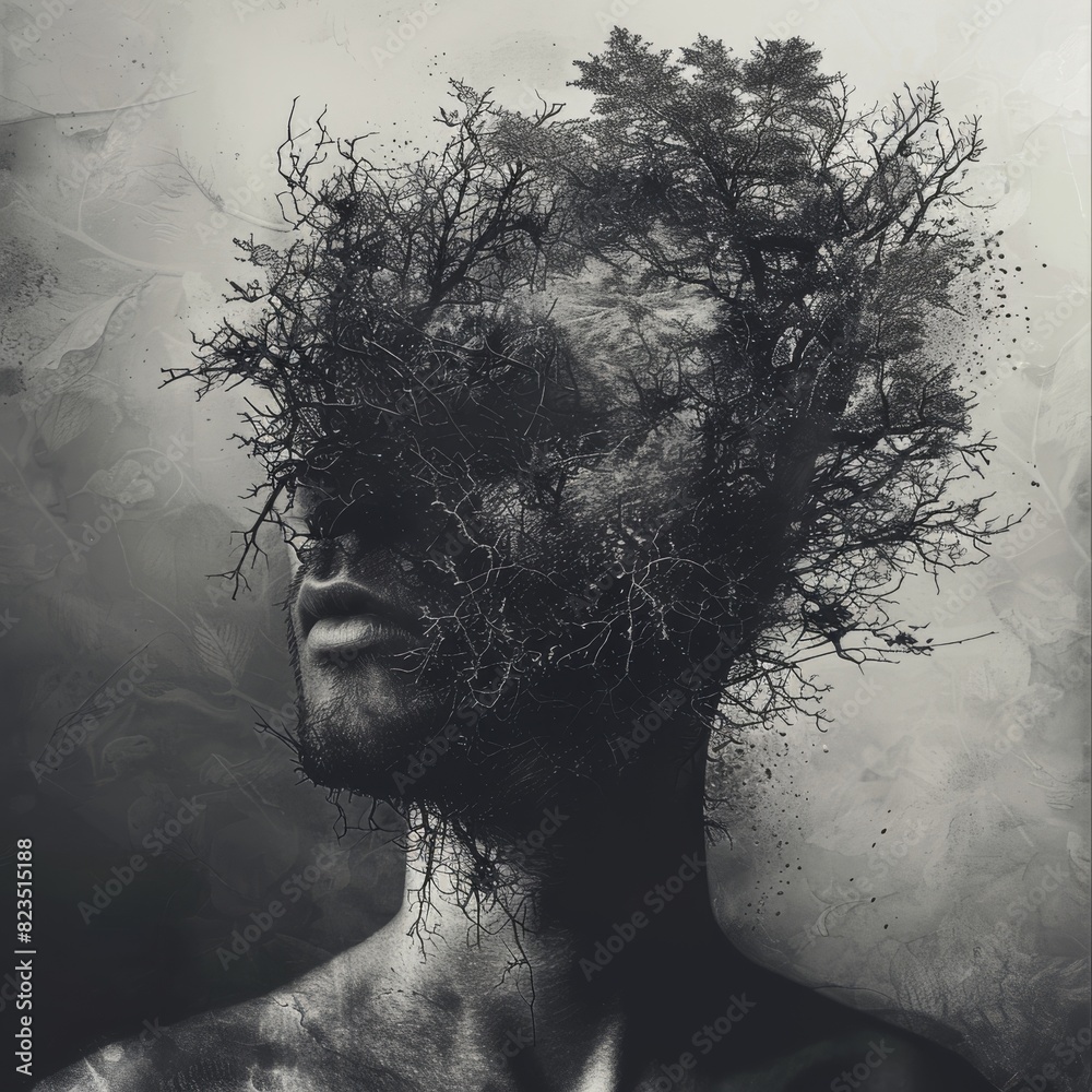 Surreal black and white portrait of a man with a head transformed into ...