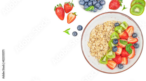 Healthy oatmeal served with berries and fresh fruits on white background. Healthy breakfast. Top view
