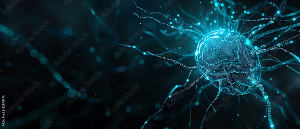 Turquoise color digital hologram futuristic brain neuron link on a neuron connection, Artificial intelligence concept, isolated on black background Turquoise color digital hologram futuristic brain neuron link on a neuron connection, Artificial intelligence concept, isolated on black background