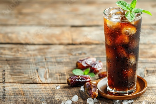 Ice tea, mint leaf and dates on the wooden table background. photo