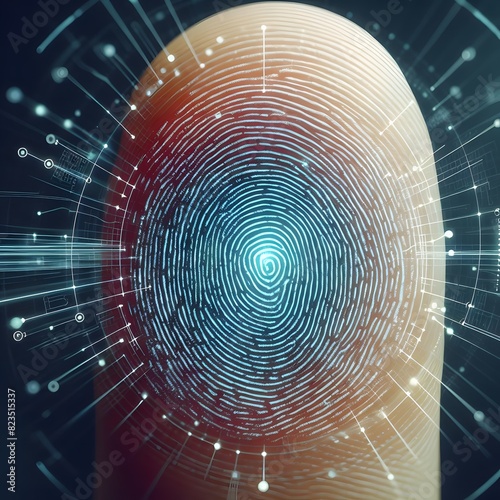 Fingerprint Scanner: close-up of a thumbprint with digital lines and dots overlaid to suggest biometric scanning technology, thumb finger