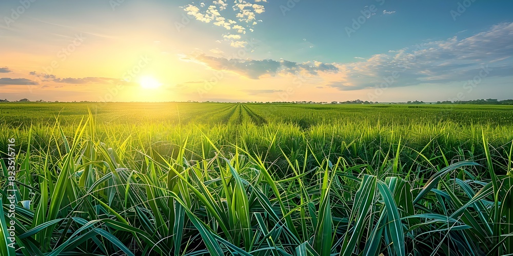 Εκτύπωση καμβά Sugarcane farm under clear sky green agriculture background in rural setting