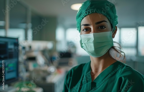 Portrait of a female nurse wearing a surgical cap and face mask standing in a hospital 