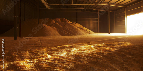Large Pile of Grain in a Sunlit Warehouse Interior Capturing Warm Golden Light photo
