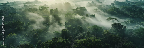 Misty Tropical Rainforest Canopy at Sunrise   Aerial View of Lush Green Amazon Jungle photo