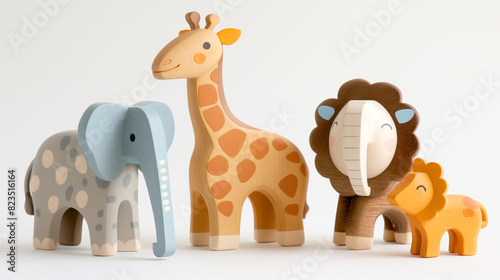 Colorful Wooden handcrafted animal toys on isolated white  background