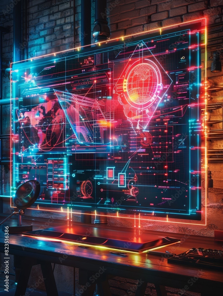 Futuristic Digital Technology Interface with Holographic Data Visualization and Dynamic Network Connections Showcasing the advancement of modern information systems,artificial intelligence,and