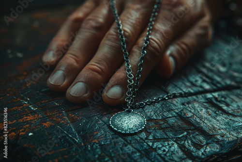 Elderly Hand with Vintage Medallion Necklace on Antique Wooden Surface