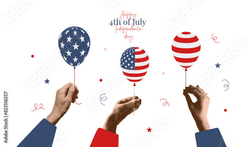 The fourth of July retro greeting card template. Halftone collage Hands with US flag balloons. Vintage vector illustration.