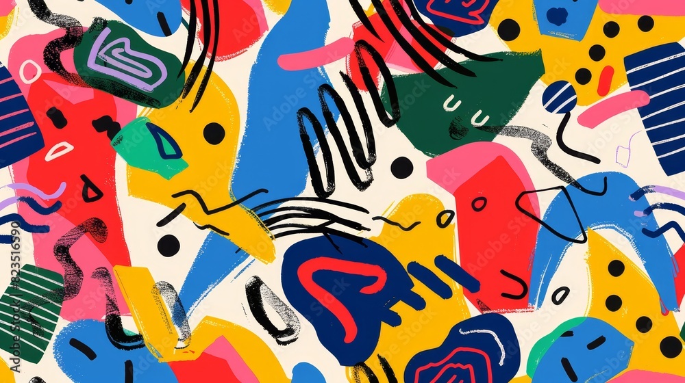 Colorful abstract background with vibrant shapes and patterns, playful and energetic design.