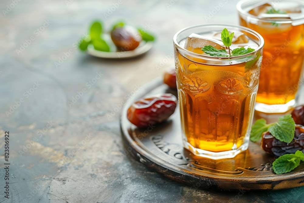 Ice tea, mint leaf and dates on the wooden table background. Ice tea, mint leaf and dates on the wooden table background.